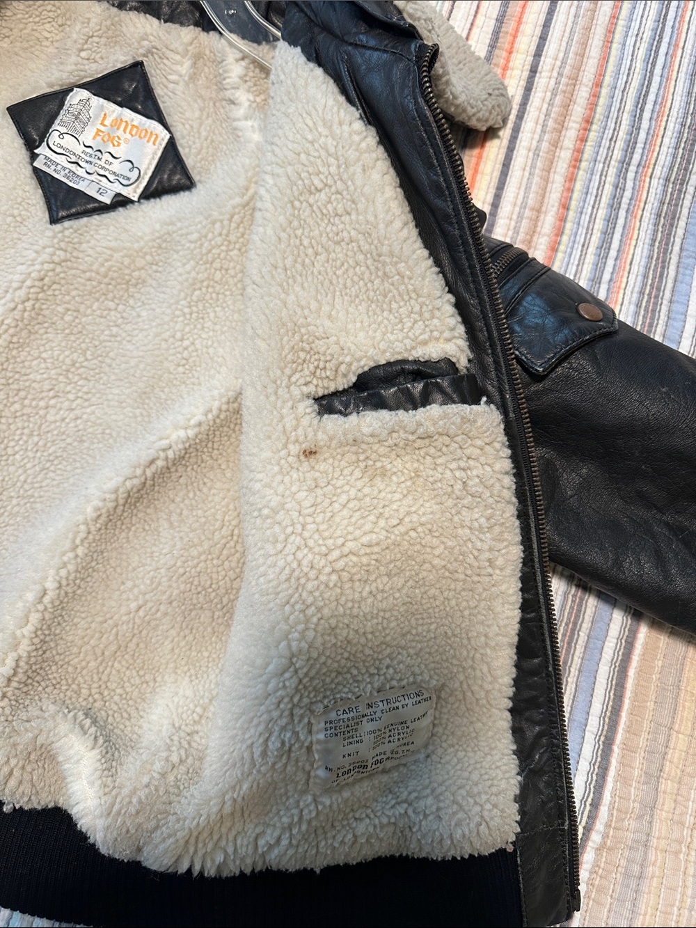 Vintage 1980’s Boys London Fog Black Real Leather Bomber Jacket Sherpa Collar - Picture 6 of 16